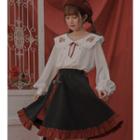 Long-sleeve Embroidered Blouse / Suspender Mini Skirt