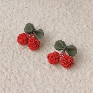 Sterling Silver Cherry Stud Earring 1 Pair - A-674 - Red & Green - One Size