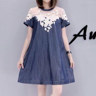 Embroidered Mesh Panel Short Sleeve Denim Dress