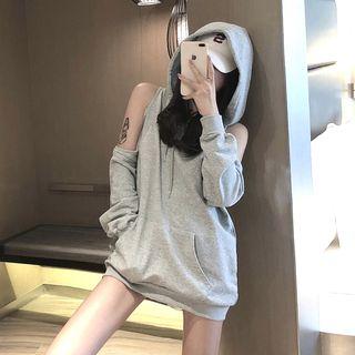 Crescent Pattern Cold-shoulder Long Hoodie As Shown In Figure - One Size