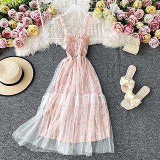 Mesh Overlay Leaf Print Sleeveless Dress