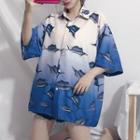 Elbow-sleeve Fish Print Shirt