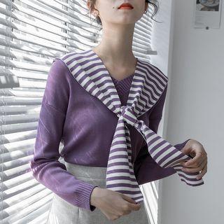 Striped Shawl V-neck Sweater