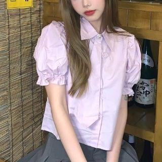 Puff-sleeve Collared Plain Shirt / High-waist Plain Pleated Skirt