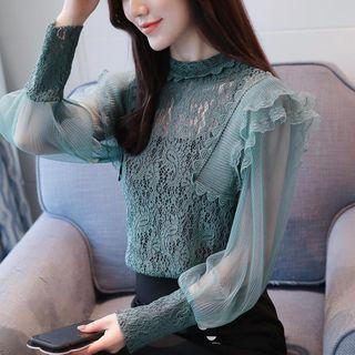 Mesh Panel Frill Trim Long-sleeve Lace Top