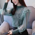 Mesh Panel Frill Trim Long-sleeve Lace Top