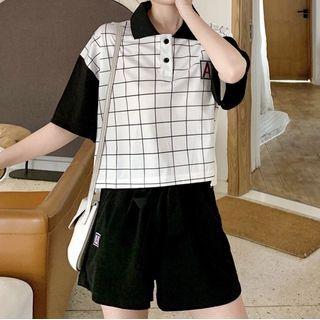 Set: Elbow-sleeve Plaid Polo Shirt + Mini A-line Skirt