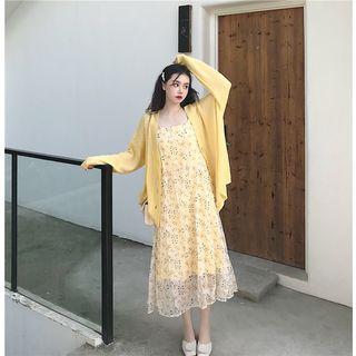 Plain Cardigan / Printed Spaghetti Strap A-line Dress