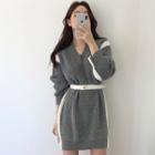 V-neck Two-tone Mini Sweater Dress Gray - One Size