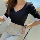 Plunge-neck Two Tone Knit Top