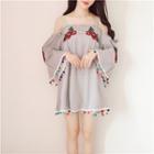 Flower Embroidered Off Shoulder 3/4 Sleeve Dress