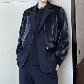 Mock Two Piece Faux Leather Panel Blazer