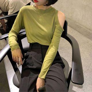 Cold Shoulder Plain Long-sleeve T-shirt