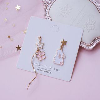 Non-matching Alloy Rabbit & Flower Dangle Earring