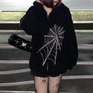 Oversize Spider-web Graphic And Rhinestone Zip-up Hoodie