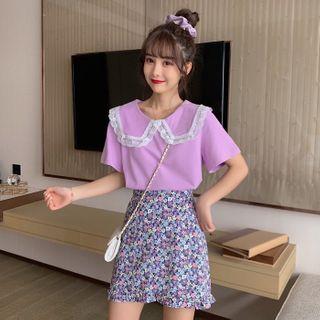 Lace Trim Collared Short-sleeve Top / Floral Print Mini A-line Skirt