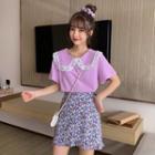 Lace Trim Collared Short-sleeve Top / Floral Print Mini A-line Skirt