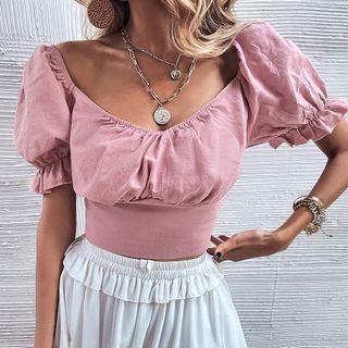 Puff Sleeve Ruffled-trim Cropped Top