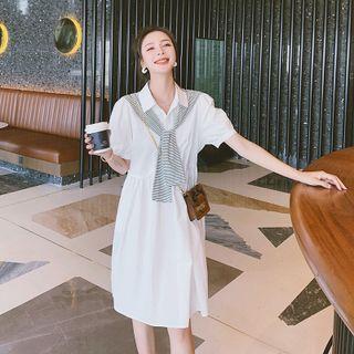 Puff-sleeve Striped Shawl Shirtdress
