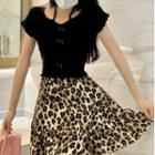 Short-sleeve Knit Top / Leopard Print A-line Skirt
