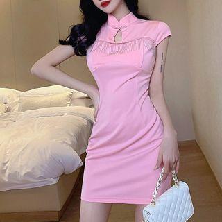 Short-sleeve Fringe Trim Sheath Dress