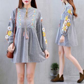 Long-sleeve Floral Embroidery Plaid A-line Mini Dress