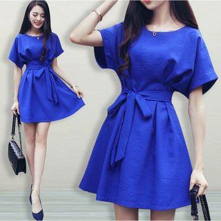 Short-sleeve A-line Dress With Sash