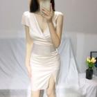 Cap-sleeve Asymmetric Satin Bodycon Dress