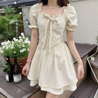 Puff-sleeve Ruffle Trim Bow A-line Dress