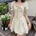 Puff-sleeve Ruffle Trim Bow A-line Dress