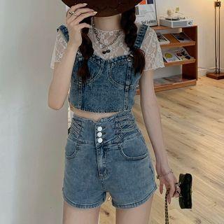 Denim Cropped Tank Top / High-waist Denim Shorts