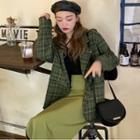 Plaid Single-breasted Blazer / Plain Midi Straight-fit Skirt