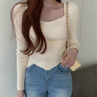 Long-sleeve Square-neck Knit Top Beige - One Size
