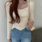 Long-sleeve Square-neck Knit Top Beige - One Size