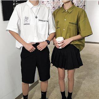 Couple Matching Elbow-sleeve Lettering Shirt