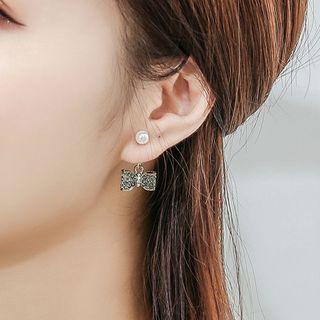 Non-matching Rhinestone Bow Faux Pearl Earring