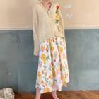 V-neck Sweater / Fruit Print Midi A-line Skirt