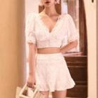 Set: Short-sleeve Lace Swim Top + Skirt