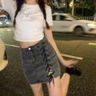 Short-sleeve Printed T-shirt / Denim Mini Skirt