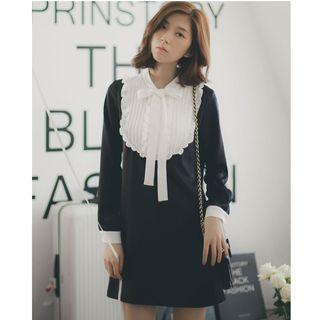 Long-sleeve Frill-trim Two-tone Mini Dress