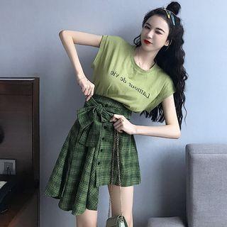 Lettering Cap-sleeve T-shirt / Plaid Irregular A-line Skirt