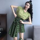 Lettering Cap-sleeve T-shirt / Plaid Irregular A-line Skirt