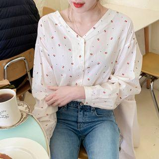 V-neck Floral Patterned Blouse Ivory - One Size