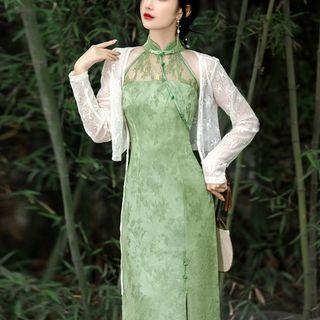 Sleeveless Lace Panel Midi Qipao / Jacket / Set
