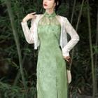 Sleeveless Lace Panel Midi Qipao / Jacket / Set
