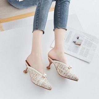 Pointy-toe Faux Pearl Kitten Heel Mules