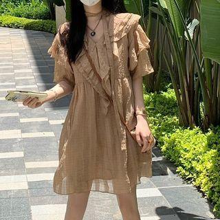 Elbow-sleeve Chiffon A-line Dress Khaki - One Size
