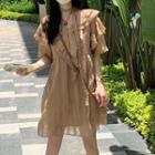 Elbow-sleeve Chiffon A-line Dress Khaki - One Size