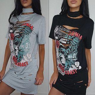 Printed Short Sleeve Ripped T-shirt Dress