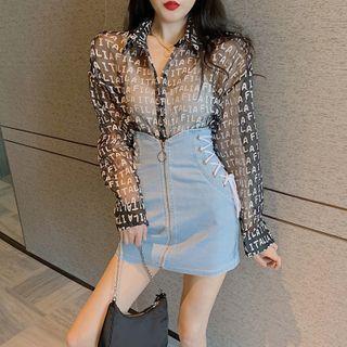 Lettering Sheer Light Shirt / Lace Up-side Zipper Denim Skirt